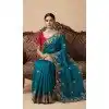 Women Party Wear Saree Chiffon Embroidery Work Blue Plus Size