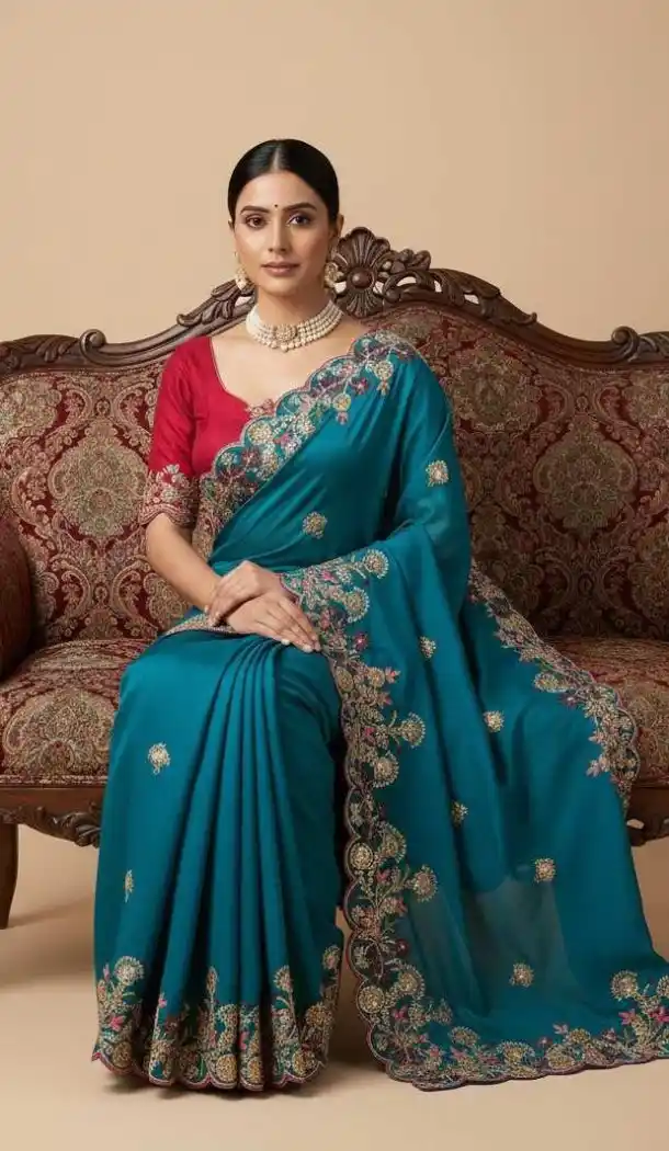 Women Party Wear Saree Chiffon Embroidery Work Blue - 13631213768