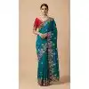 Women Party Wear Saree Chiffon Embroidery Work Blue Plus Size