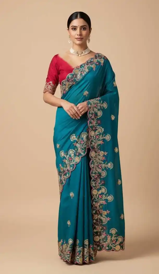 Women Party Wear Saree Chiffon Embroidery Work Blue - 13631213768