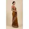 Women Embroidery Work Brown Chiffon Party Wear Saree Plus Size
