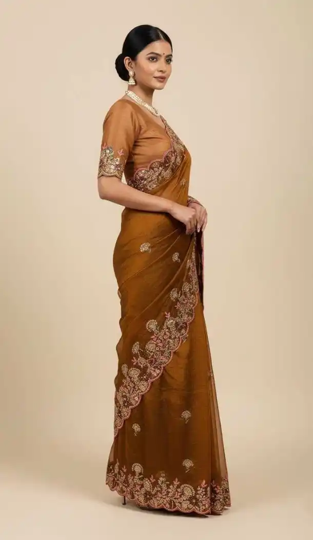 Women Embroidery Work Brown Chiffon Party Wear Saree - 13631213769