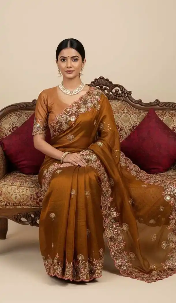 Women Embroidery Work Brown Chiffon Party Wear Saree - 13631213769