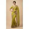 Women Embroidery Work Party Wear Saree Parrot Green Chiffon Plus Size