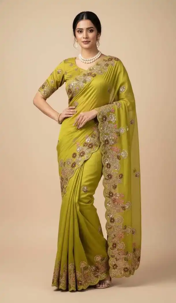 Women Embroidery Work Party Wear Saree Parrot Green Chiffon - 13631213770