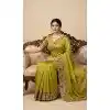 Women Embroidery Work Party Wear Saree Parrot Green Chiffon Plus Size