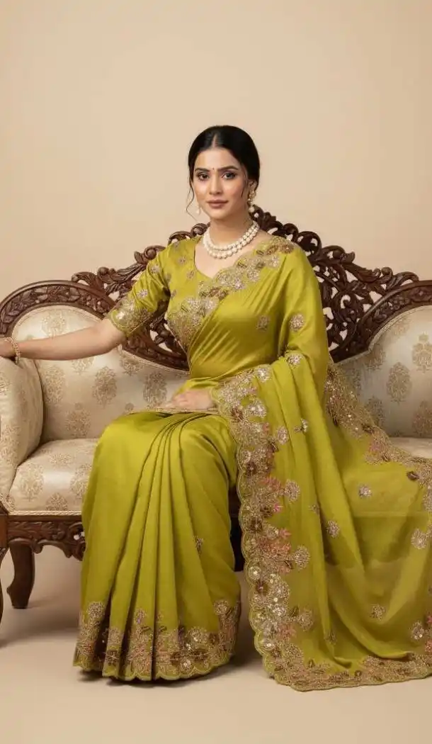 Women Embroidery Work Party Wear Saree Parrot Green Chiffon - 13631213770