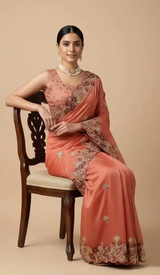 Women Peach Embroidery Work Party Wear Saree Chiffon - 13631213771