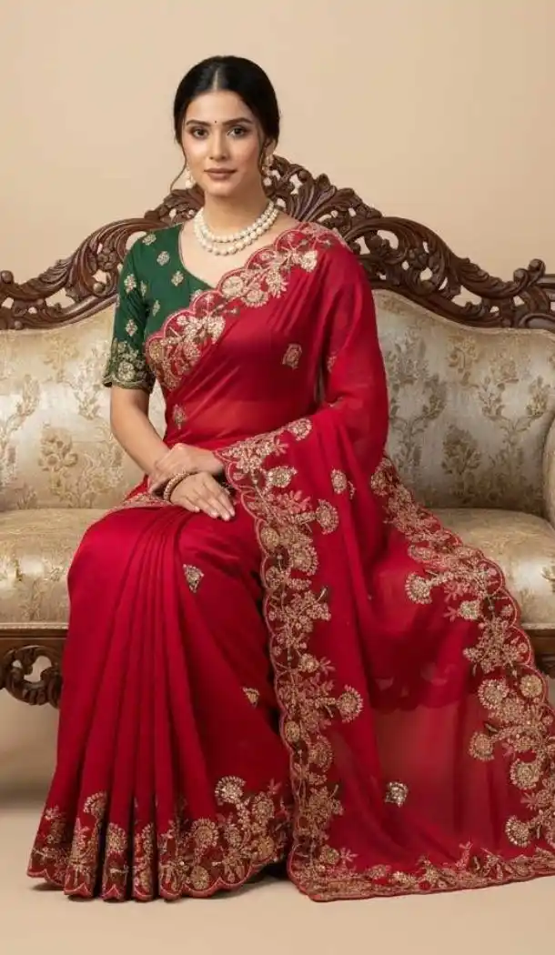 Women Embroidery Work Party Wear Saree Chiffon Pink - 13631213772