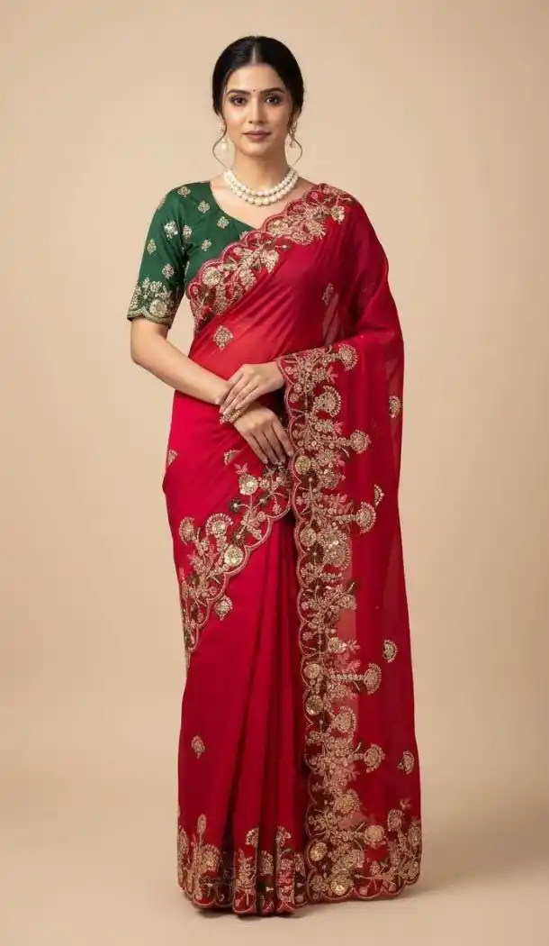 Women Embroidery Work Party Wear Saree Chiffon Pink - 13631213772