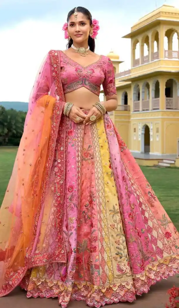 Women Pink Wedding Lehenga Silk Stone Embroidery Work - 13660213920