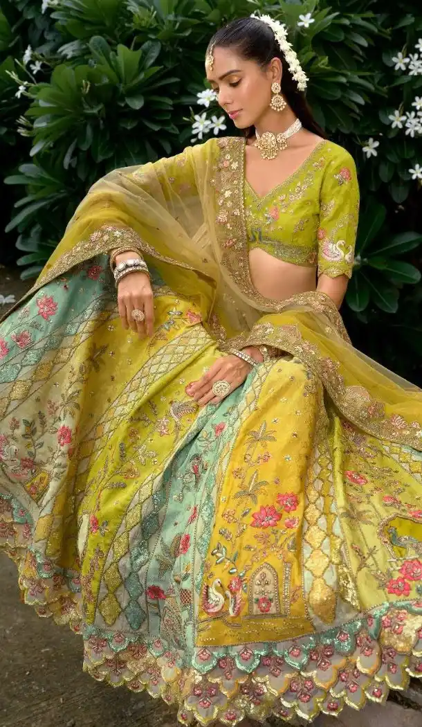 Women Parrot Green Wedding Lehenga Stone Embroidery Work Silk - 13660213921