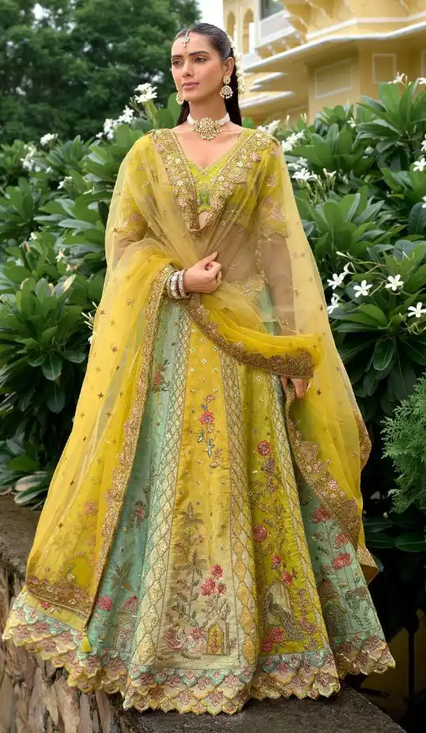 Women Parrot Green Wedding Lehenga Stone Embroidery Work Silk - 13660213921