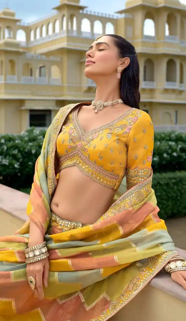 Women Wedding Lehenga Yellow Silk Stone Embroidery Work - 13660213923