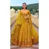 Women Silk Stone Embroidery Work Yellow Wedding Lehenga Plus Size