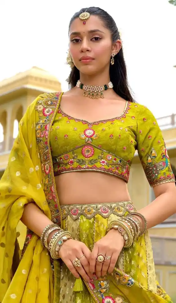 Women Yellow Stone Embroidery Work Silk Wedding Lehenga - 13660213926