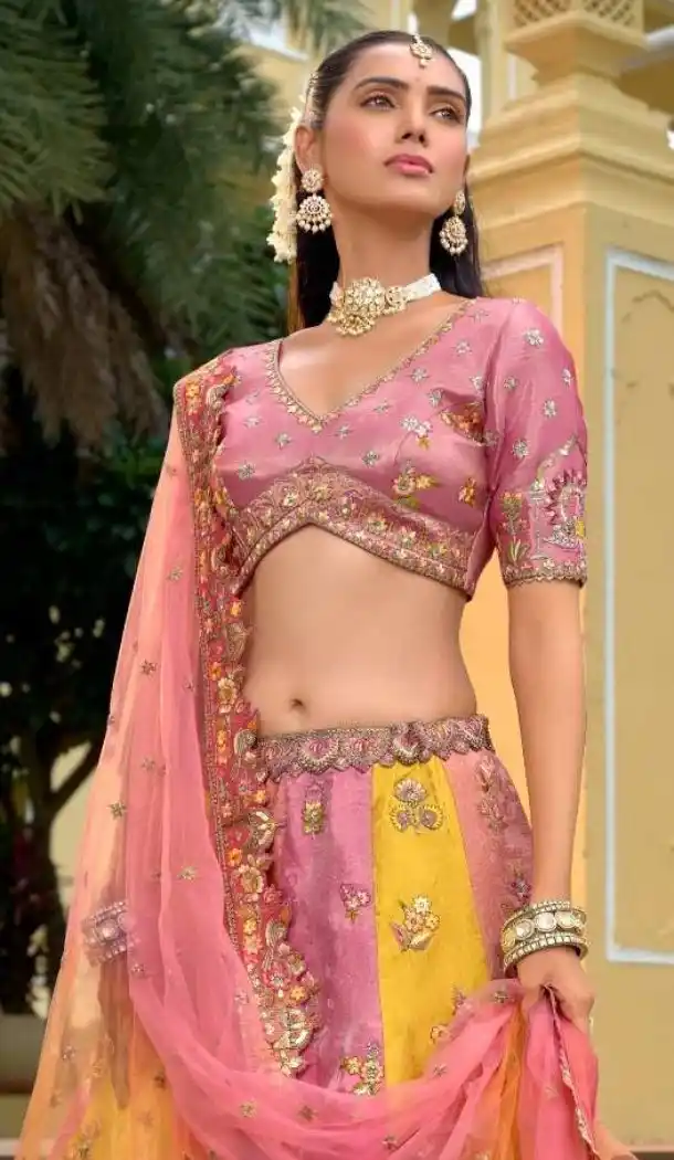 Women Pink Stone Embroidery Work Wedding Lehenga Silk - 13660213927