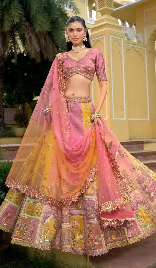 Women Pink Stone Embroidery Work Wedding Lehenga Silk Plus Size