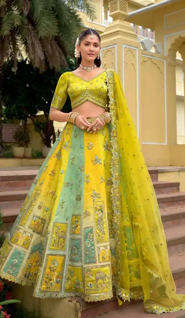 Women Wedding Lehenga Silk Yellow Stone Embroidery Work - 13660213928