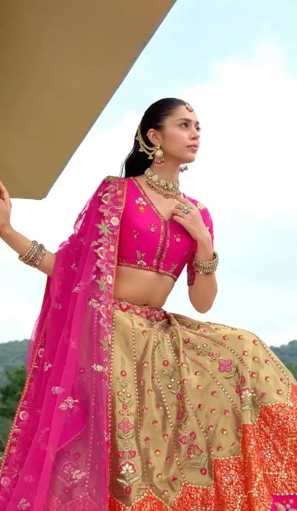 Women Stone Embroidery Work Wedding Lehenga Silk Rani Pink - 13660213929