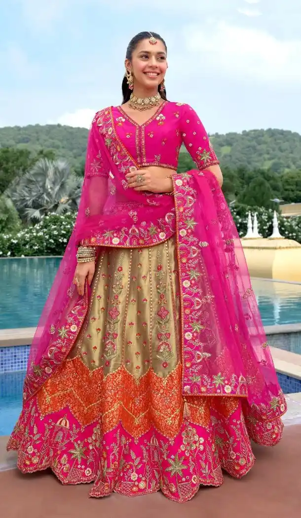 Women Stone Embroidery Work Wedding Lehenga Silk Rani Pink - 13660213929