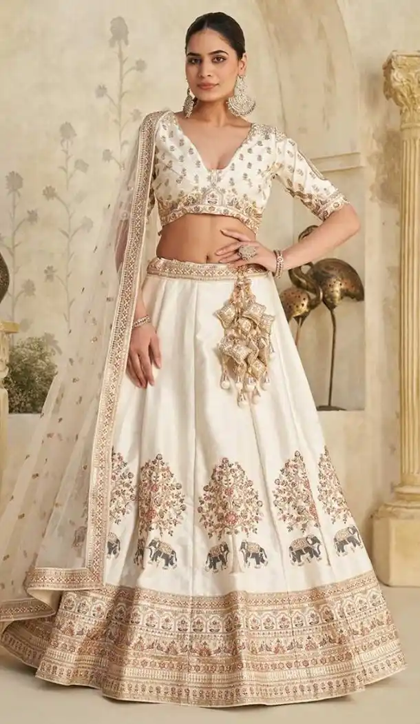 Women Elephant Zari Work Cream Wedding Lehenga Silk - 13661213930