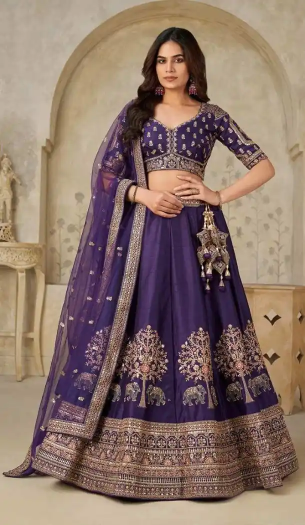 Women Elephant Zari Work Silk Purple Wedding Lehenga - 13661213931