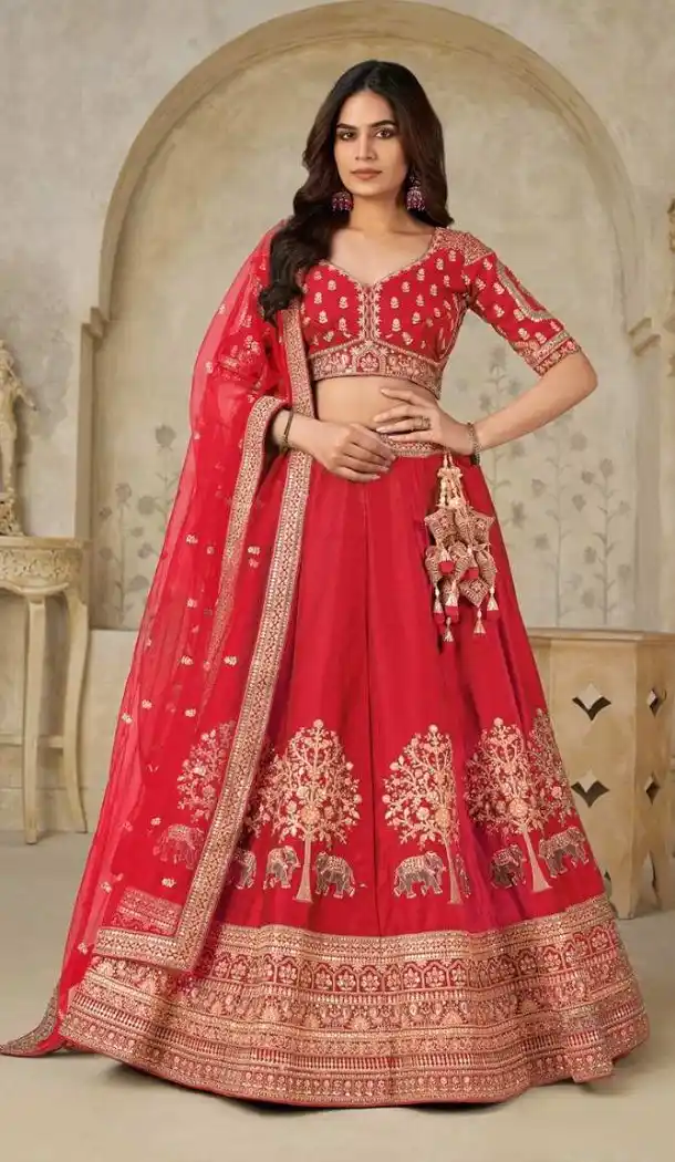 Women Elephant Zari Work Silk Wedding Lehenga Red - 13661213933