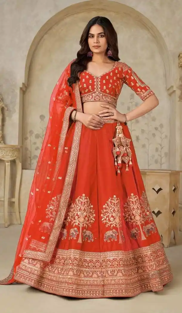 Women Rust Wedding Lehenga Silk Elephant Zari Work - 13661213934