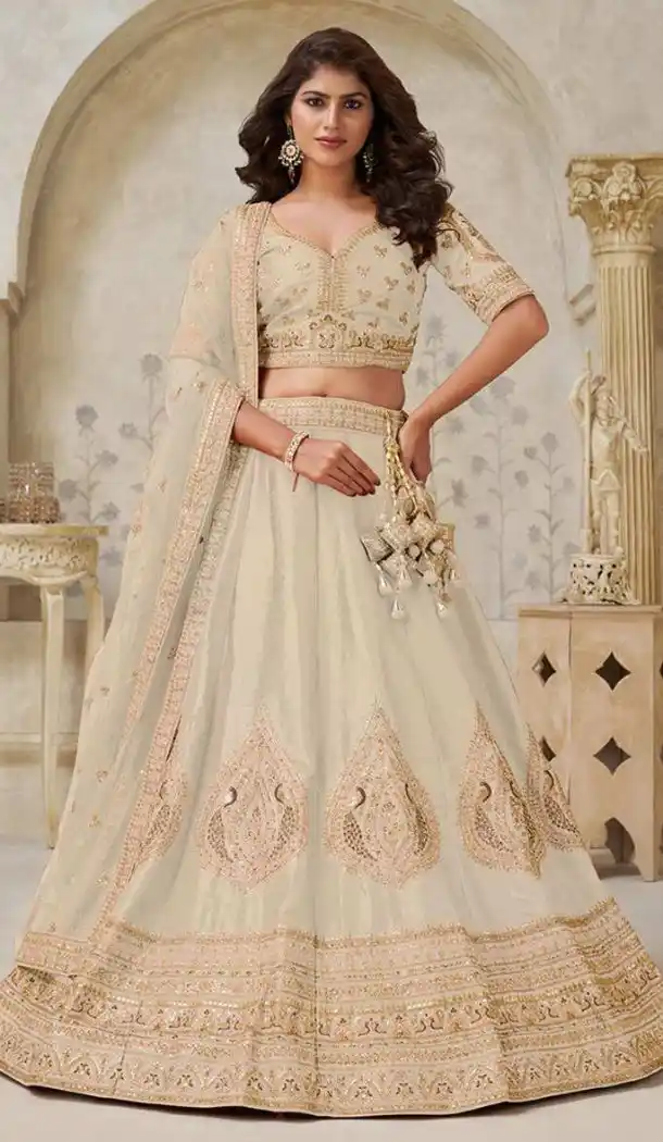 Women Cream Silk Leaf Embroidery Work Wedding Lehenga - 13662213935