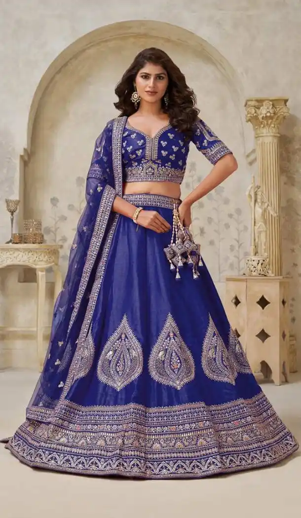Women Blue Leaf Embroidery Work Wedding Lehenga Silk - 13662213936