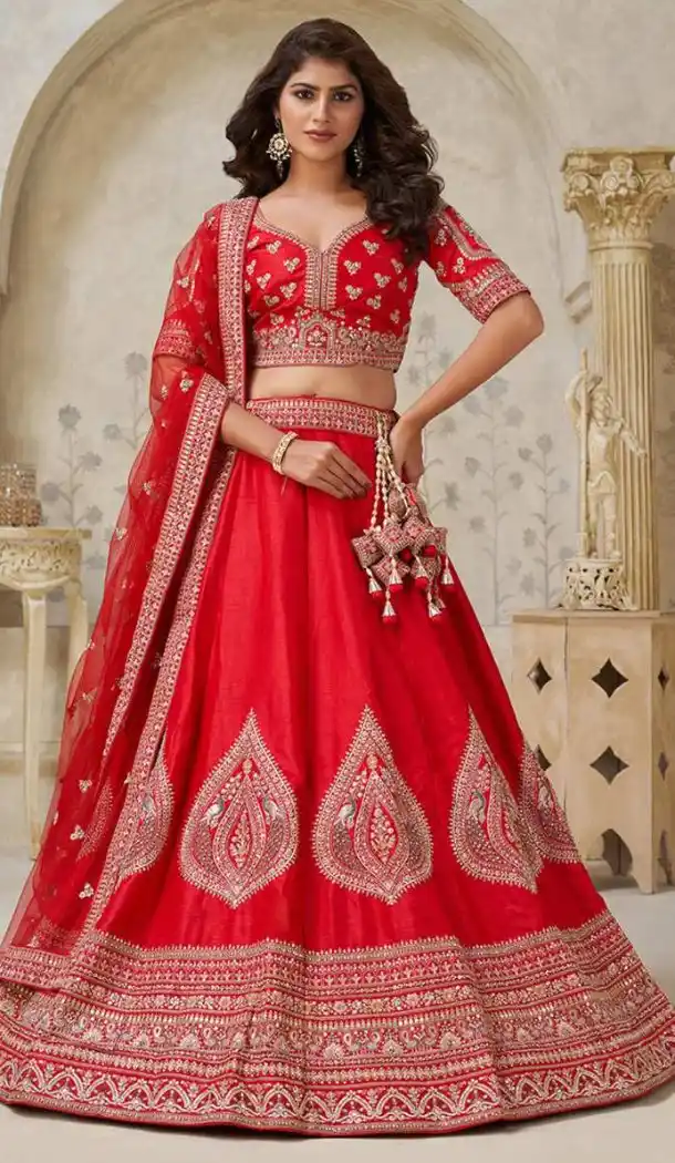 Women Red Wedding Lehenga Leaf Embroidery Work Silk - 13662213938