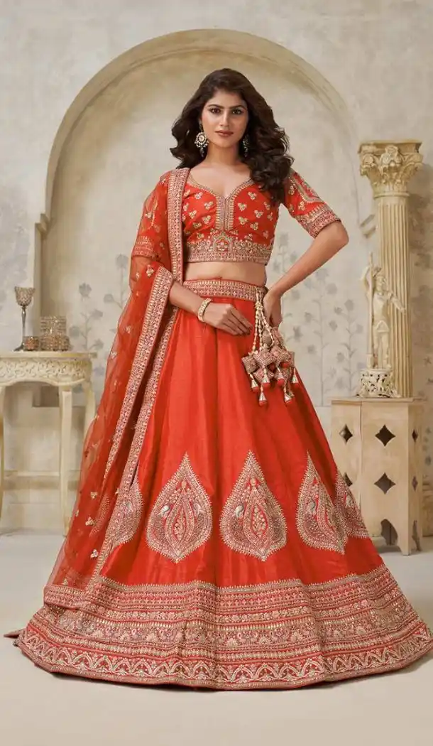 Women Wedding Lehenga Leaf Embroidery Work Rust Silk - 13662213939