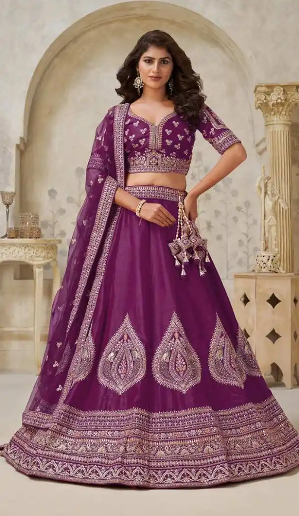 Women Wedding Lehenga Wine Leaf Embroidery Work Silk - 13662213941