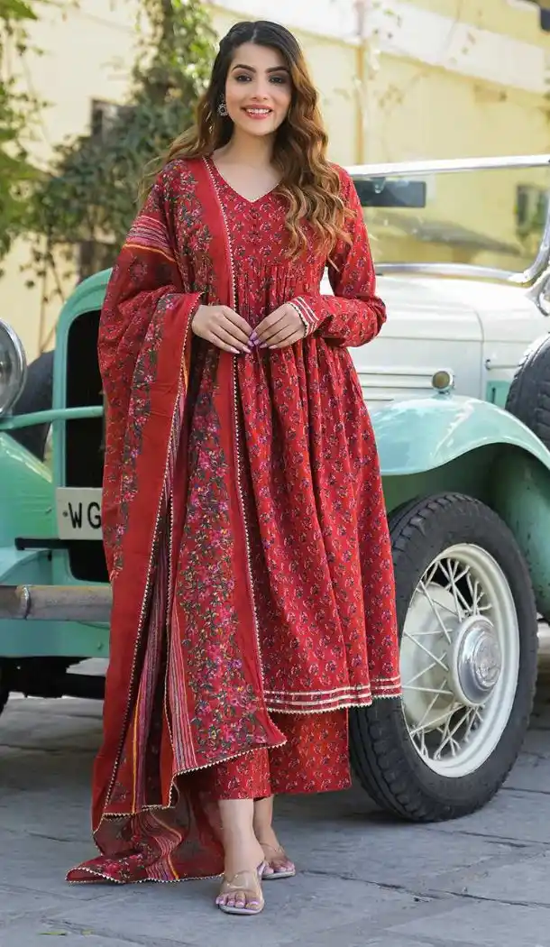 Red Cotton Digital Salwar Suit – FH214008