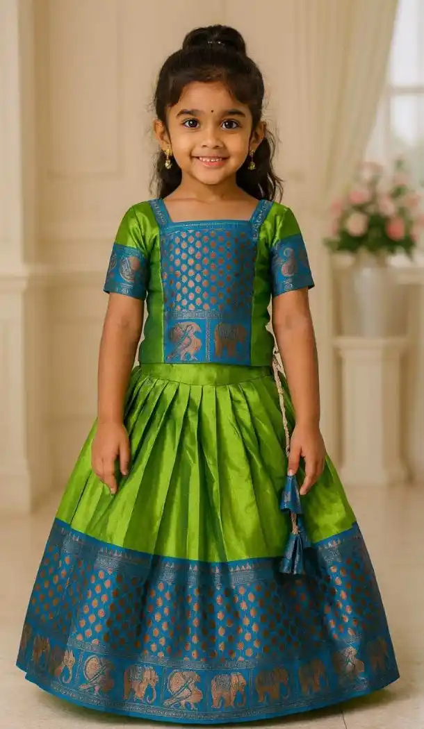 Girls Green & Blue Lichi Silk Lehenga Choli – FH214048