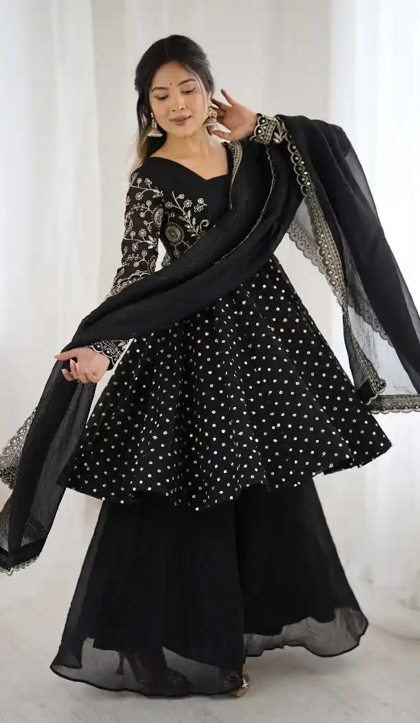 Black Crunchy Silk Festive Sharara Suit – FH214075