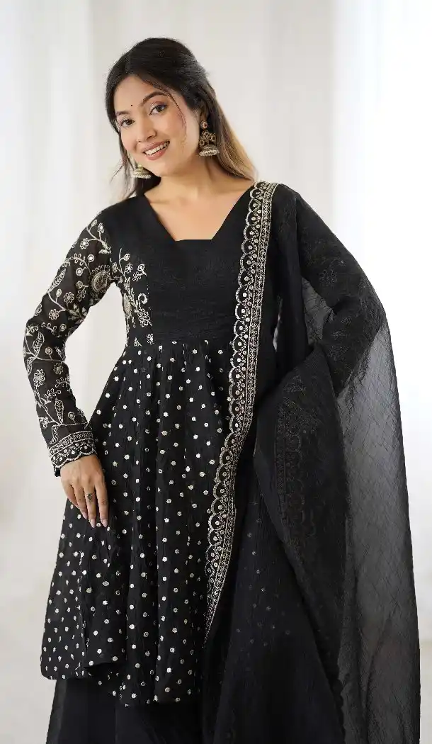 Black Crunchy Silk Festive Sharara Suit – FH214075