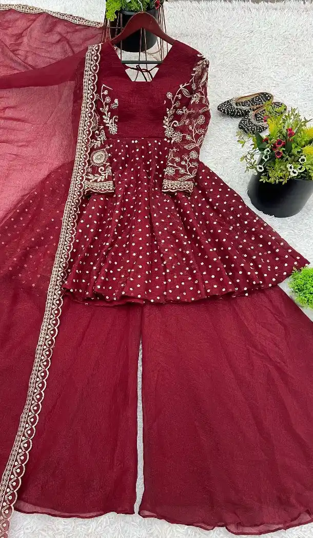 Maroon Crunchy Silk Eid Sharara Suit – FH214076