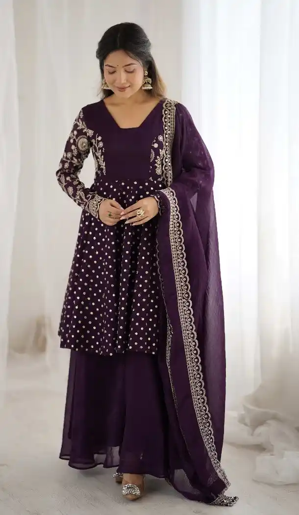 Wine Crunchy Silk Eid Sharara Suit – FH214078