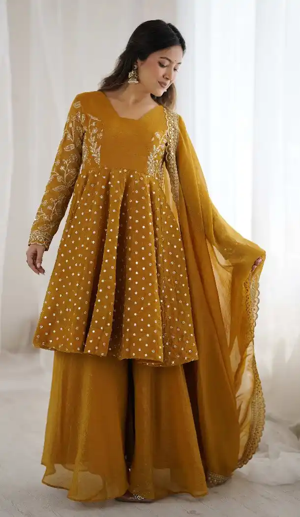 Yellow Crunchy Silk Festive Sharara Suit – FH214079