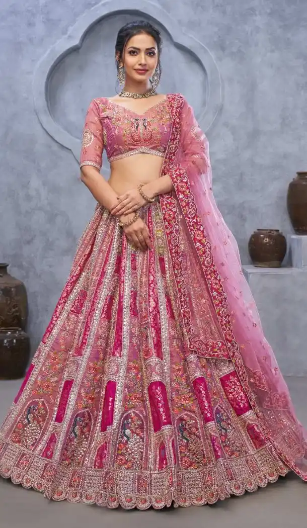 Pink Banarasi Silk Bridal Lehenga Choli – FH213955