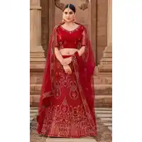 Red Soft Net Lehenga Choli with Zari Mirror Work – FH214176