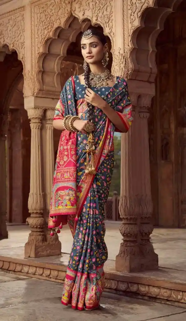 Dark Grey Silk Printed Saree for Women – 214186
