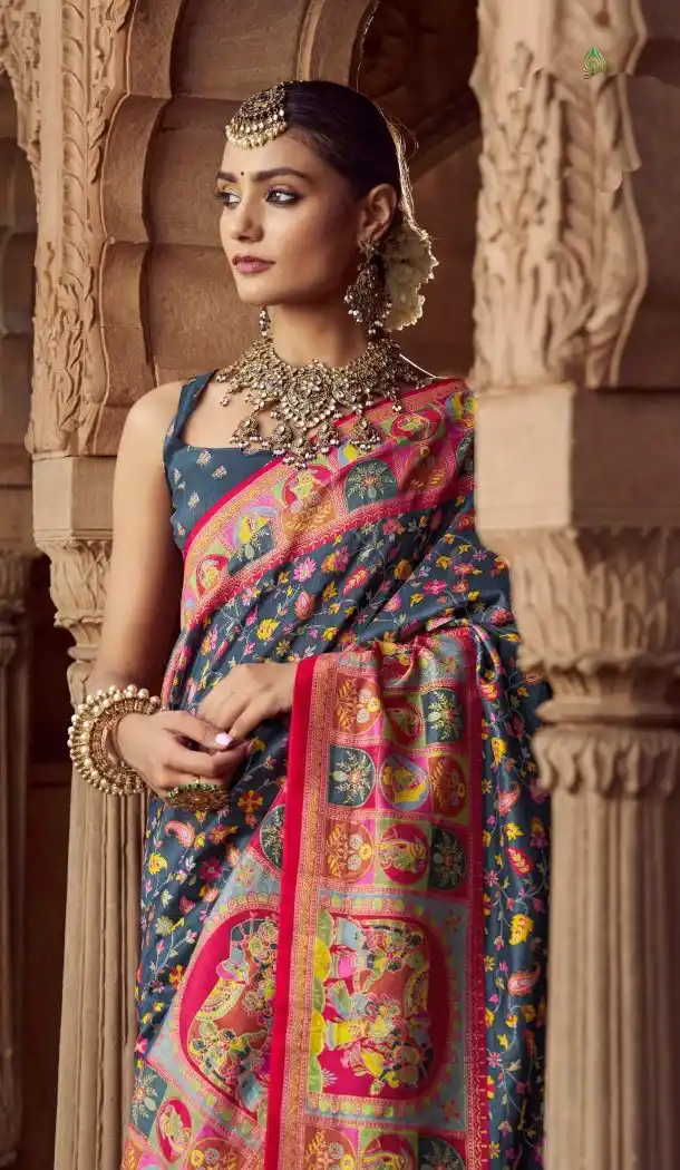 Dark Grey Silk Printed Saree for Women – 214186