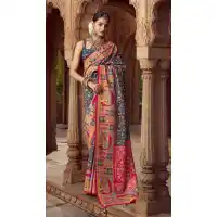 Dark Grey Silk Printed Saree for Women – 214186