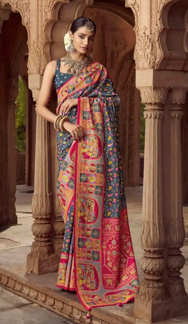 Dark Grey Silk Printed Saree for Women – 214186
