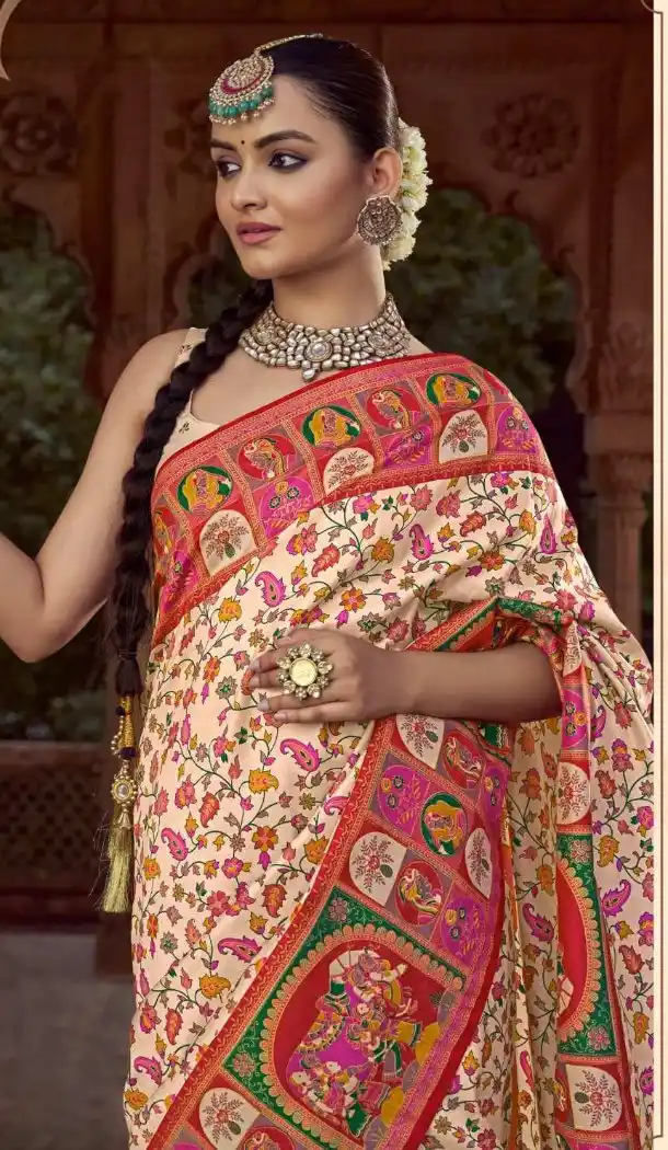 Cream Silk Printed Saree for Women – 214192