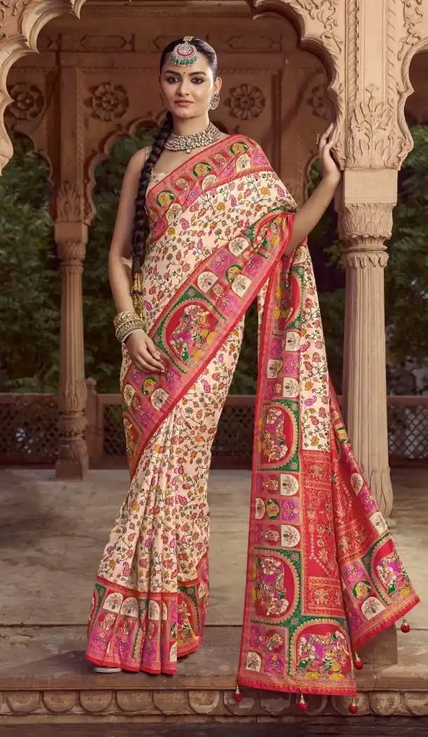Cream Silk Printed Saree for Women – 214192