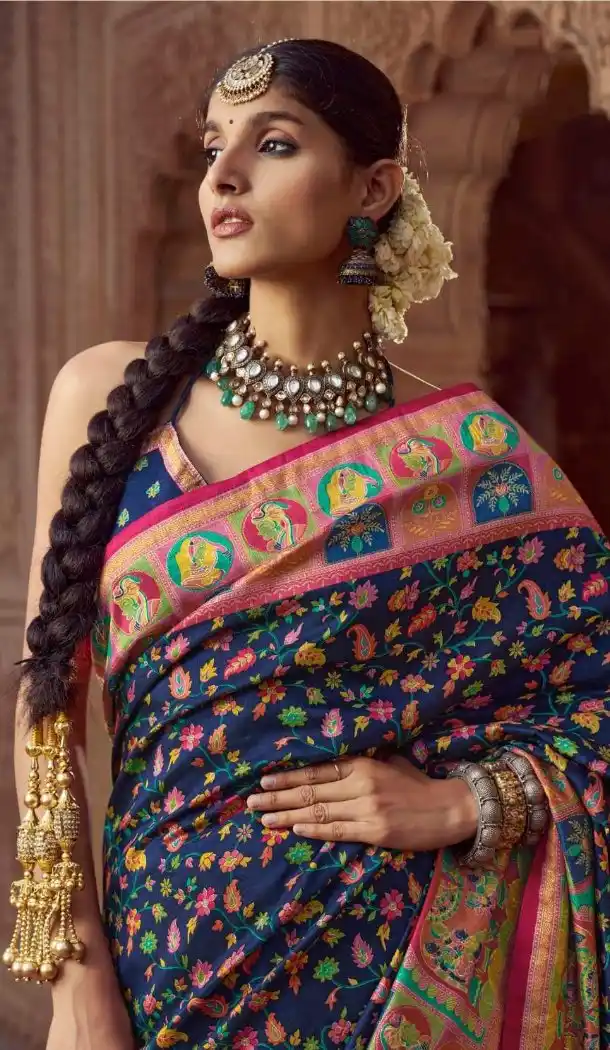 Navy Blue Silk Printed Saree for Women – 214193